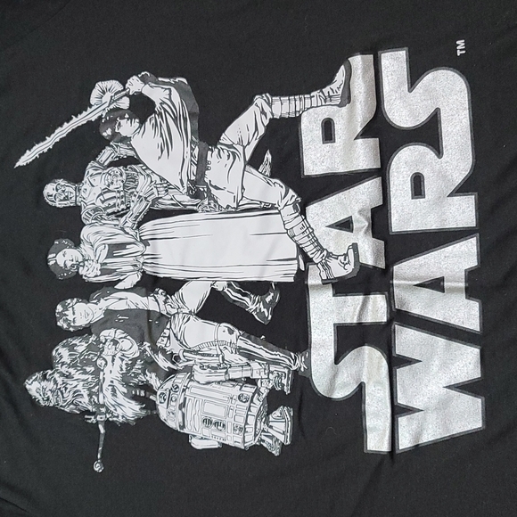 Star Wars crew hi-lo tshirt juniors size Large like new Chewie, R2-D2, Luke - Picture 3 of 5